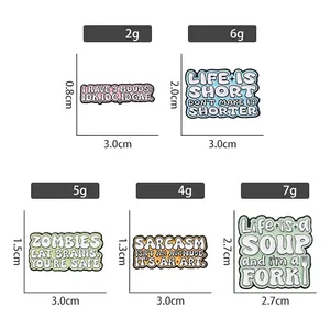 Set of 5 enamel letter pins with funny quotes and detailed size and weight measurements