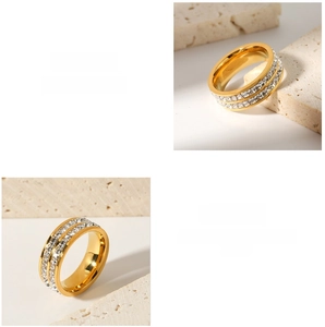 Detail of 18k gold plated stainless steel ring with double rows of baguette zircons
