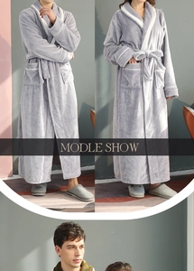 Detail view of grey thick flannel bathrobe featuring contrast piping and deep pockets