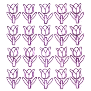 Detailed grid of purple tulip-shaped metal paperclips and floral bookmarks