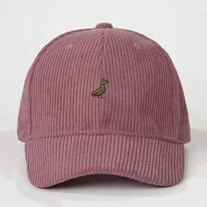 Pink corduroy baseball cap with embroidered mallard duck and adjustable back strap