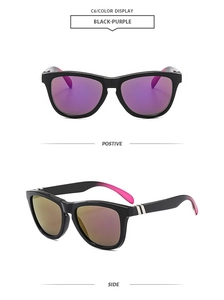Front and side view of square sunglasses with purple-gold gradient lenses and black frames