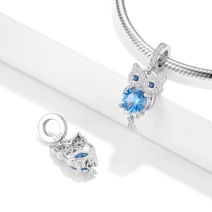 S925 sterling silver blue owl charm pendant with sparkling crystals for bracelets