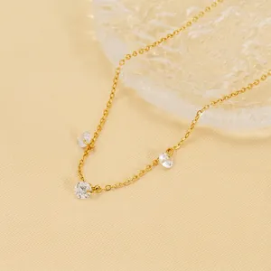 Round Zircon Pendant Necklace 18K Gold Plated Stainless Steel Three Stone Minimalist Clavicle Chain For Women
