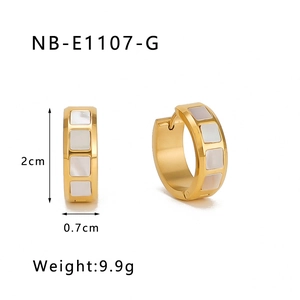 Detail view of gold stainless steel hoop earrings with white inlay and size dimensions