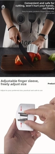 Adjustable stainless steel finger guard for safe vegetable slicing with close-up detail