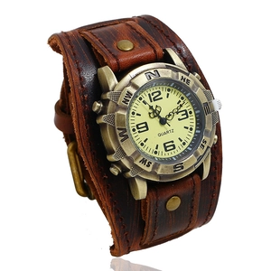 Vintage punk style watch with wide brown genuine leather cuff and bronze metal case