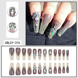 Dark brown and champagne glitter long coffin press-on nails with multi-color rhinestones