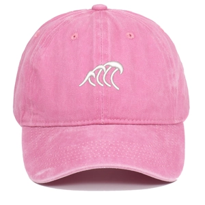 Close-up of pink washed cotton baseball cap featuring white wave embroidery detail