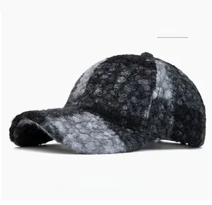 Detailed view of the textured black and gray checkered plush fabric on the baseball cap