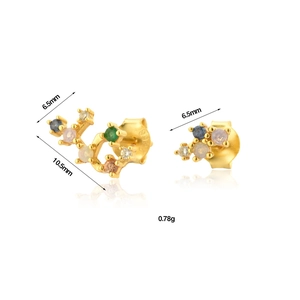 Macro detail of S925 sterling silver stud earrings with colorful cubic zirconia stones