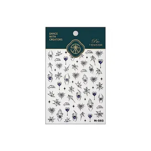 Gothic nail stickers M-593 featuring black spiders, webs, and purple heart gemstones