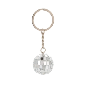 Detailed view of silver disco ball keychain with reflective mirror facets and metal ring