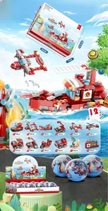Macro detail of the SM702A fire rescue building block set showing 12 vehicles and the large ship