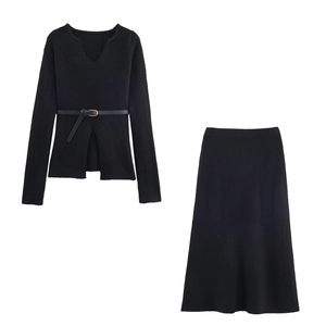Knit V Neck Long Sleeve Top And A-Line Maxi Skirt With Belt Solid Color Elegant Casual Outfits For Women