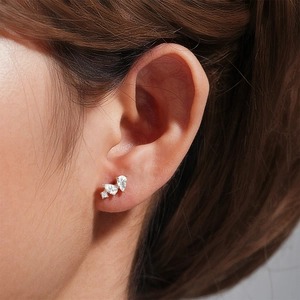 Macro shot of silver cartilage stud featuring a cluster of sparkling clear gemstones