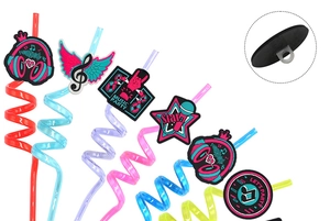 Detail of spiral party straws with music theme cards and back clip mechanism