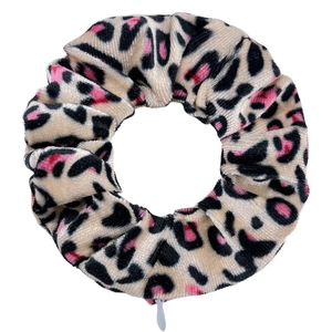 Samt Haargummi mit Leopardenmuster in Beige, Schwarz und Rosa mit Reißverschluss