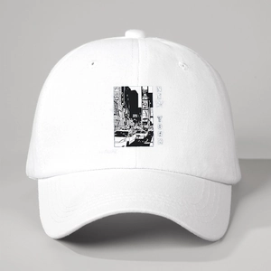 White cotton baseball cap with New York Brooklyn city print and black and white urban graphics