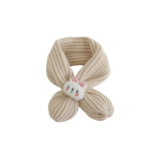 Knitted beige kids scarf featuring a plush 3D white bunny doll with a crossover design
