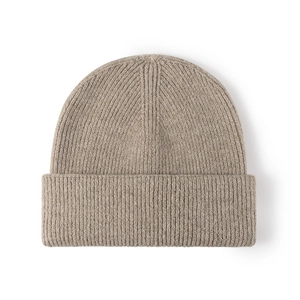Classic light brown ribbed knit beanie with double cuff design for winter warmth