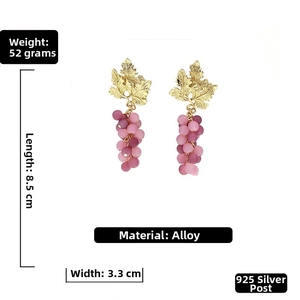 Detail showing grape drop earrings size 8.5cm by 3.3cm with 925 silver needle material