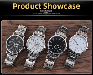 Detail of four men's stainless steel watches with blue glass and quartz movement