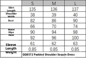 Detailed size chart for sequined maxi dress with shoulder pads in S M L