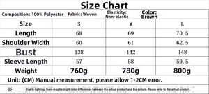 Size chart and fabric details for brown shearling jacket with measurements in cm