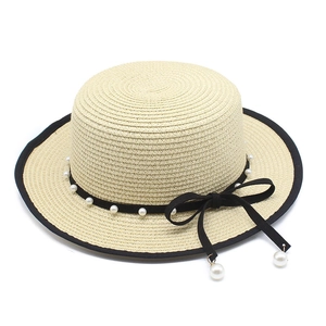 French vintage flat top straw hat for women with pearl lace and black ribbon detail