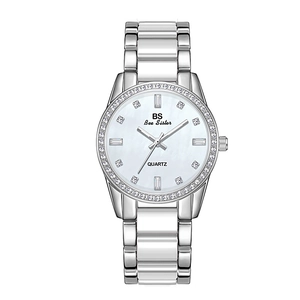 Detailed shot of lady quartz watch with mother-of-pearl dial and crystal markers