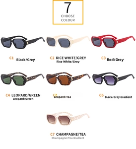 Macro view of pixel style sunglasses in seven colors with geometric stepped frame edges