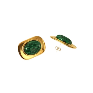 Gold tone stainless steel earrings featuring oval green malachite stones on white background