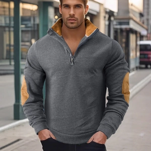 Men's outdoor casual sweatshirt with half-zip stand collar and brown contrast patches