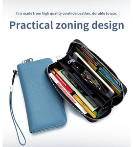 Detailed interior of long cowhide leather wallet showing card slots and phone pocket