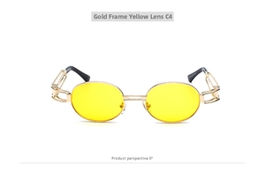 Front view of steampunk sunglasses with gold metal frame and yellow oval lenses