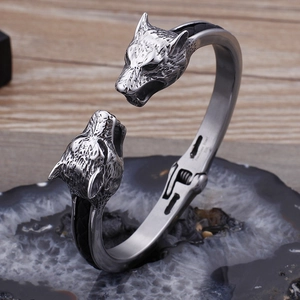 Wolf Head Cast Bangle Bracelet For Men 316L Stainless Steel With Woven Leather Vintage Punk Viking Style Hinged Cuff