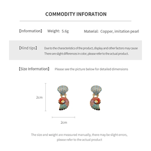 Detailed size and material information for rhinestone conch shell earrings with measurements