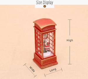 Size display of a red vintage Christmas telephone booth ornament with Santa Claus