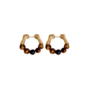 Maillard vintage gold-plated hoop earrings with brown tiger eye beads for women