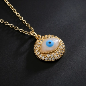 18K gold-plated copper necklace with blue evil eye pendant and sparkling zircon stones
