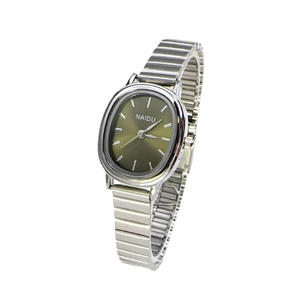 Minimalist women's oval watch with olive green dial and silver elastic alloy strap