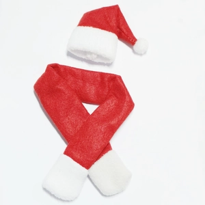 Christmas bottle decorations set with red and white plush santa hat and scarf ensemble