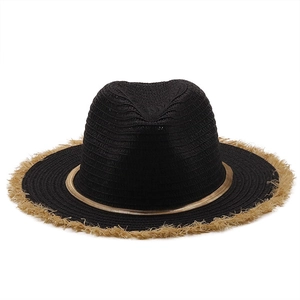 Women's black raffia sun hat with wide brim, straw fringes and gold trim for summer