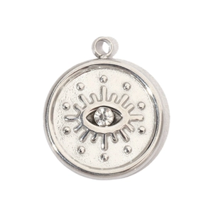 Detailed view of evil eye stainless steel pendant with central rhinestone and radial patterns