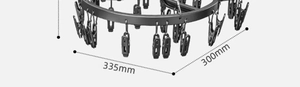Detailed dimension drawing of round black drying rack with multiple clips, 335mm diameter
