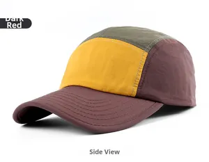 Side view of five-panel quick-dry sports cap featuring red, yellow, and olive panels