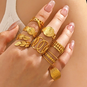 Stainless Steel Gold Adjustable Open Rings For Women Fashion Retro Tree Of Life Leaf Cross Geometric Hollow Jewelry