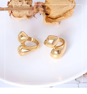 Artistic close-up of gold-plated titanium steel rings with a unique twisted design on a white plate