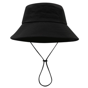 Black quick-dry bucket hat with wide brim and adjustable windproof chin strap for sun protection